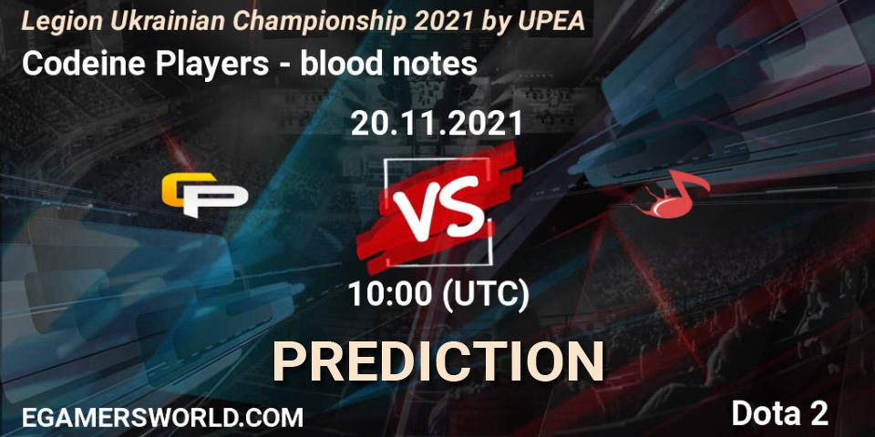 Codeine Players vs blood notes: Betting TIp, Match Prediction. 20.11.2021 at 10:05. Dota 2, Legion Ukrainian Championship 2021 by UPEA
