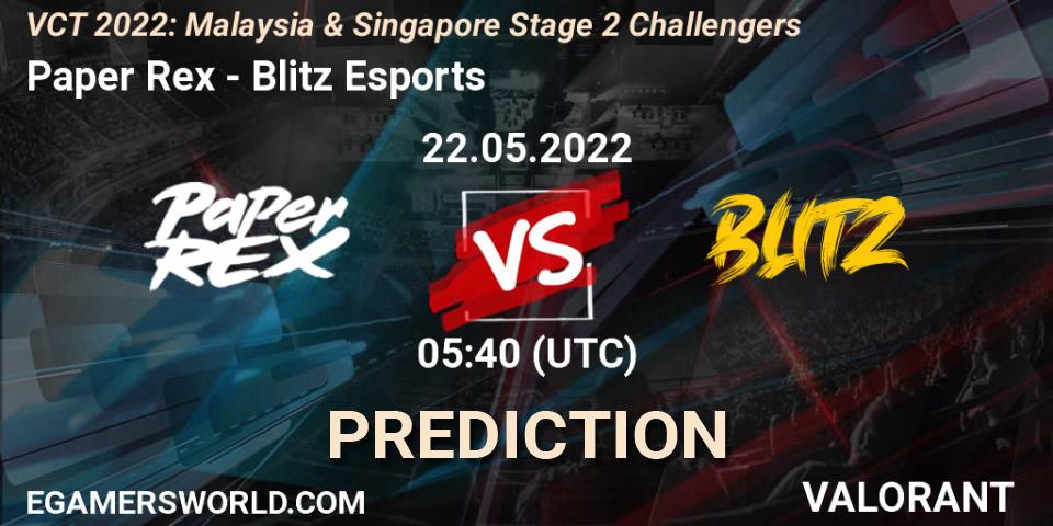 Paper Rex vs Blitz Esports: Betting TIp, Match Prediction. 22.05.2022 at 05:40. VALORANT, VCT 2022: Malaysia & Singapore Stage 2 Challengers