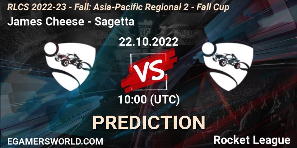 James Cheese vs Sagetta: Betting TIp, Match Prediction. 22.10.2022 at 10:00. Rocket League, RLCS 2022-23 - Fall: Asia-Pacific Regional 2 - Fall Cup