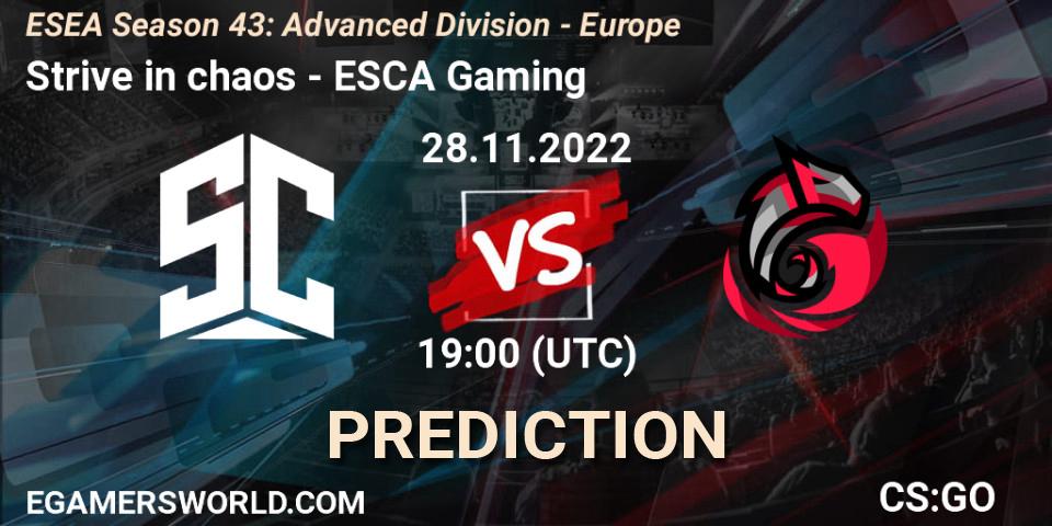 Strive in chaos vs ESCA Gaming: Betting TIp, Match Prediction. 28.11.2022 at 19:00. Counter-Strike (CS2), ESEA Season 43: Advanced Division - Europe