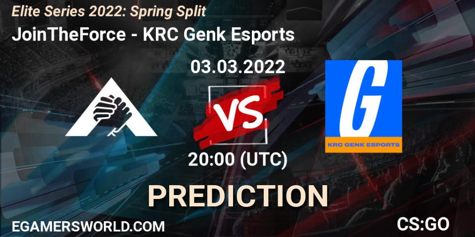 JoinTheForce vs KRC Genk Esports: Betting TIp, Match Prediction. 03.03.2022 at 19:00. Counter-Strike (CS2), Elite Series 2022: Spring Split