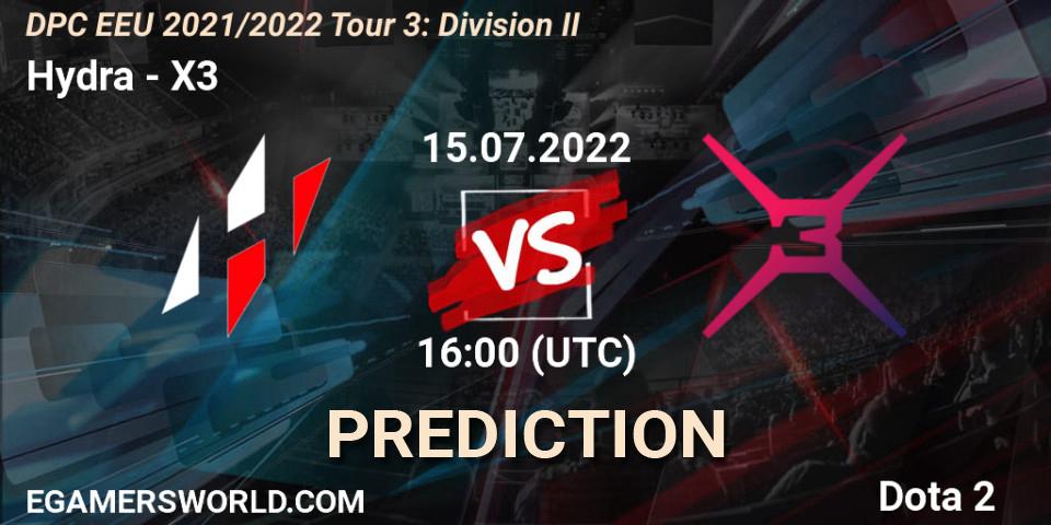 Hydra vs X3: Betting TIp, Match Prediction. 15.07.2022 at 16:01. Dota 2, DPC EEU 2021/2022 Tour 3: Division II