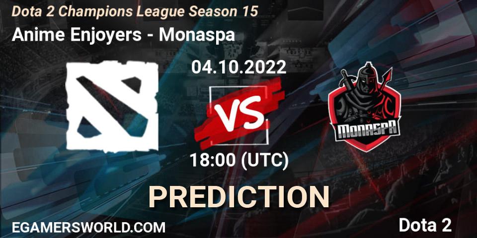 Anime Enjoyers vs Monaspa: Betting TIp, Match Prediction. 04.10.2022 at 18:01. Dota 2, Dota 2 Champions League Season 15