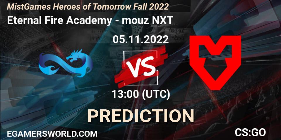 Eternal Fire Academy vs mouz NXT: Betting TIp, Match Prediction. 05.11.2022 at 13:00. Counter-Strike (CS2), MistGames Heroes of Tomorrow Fall 2022