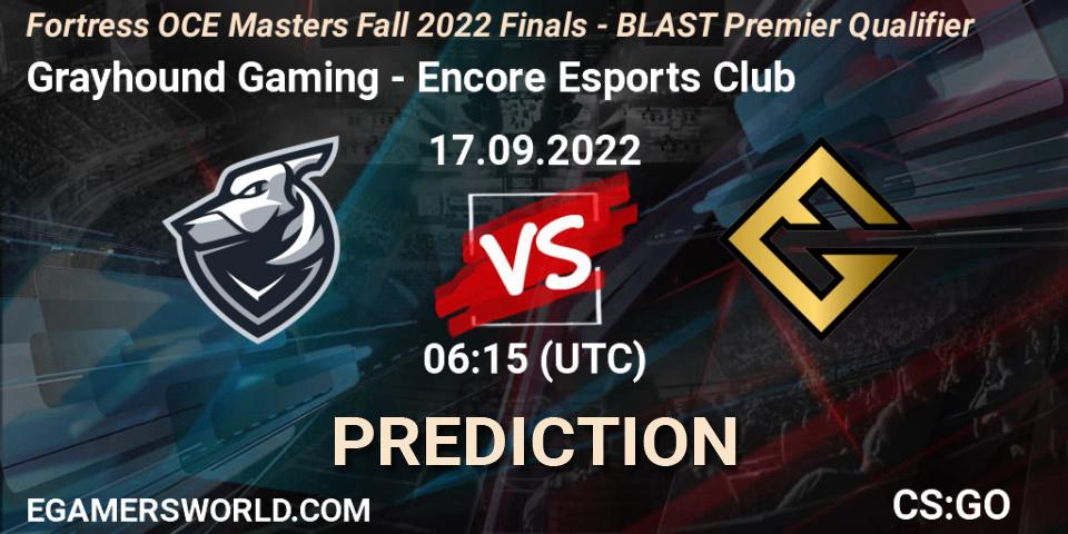 Grayhound Gaming vs Encore Esports Club: Betting TIp, Match Prediction. 17.09.2022 at 06:30. Counter-Strike (CS2), Fortress OCE Masters 2022