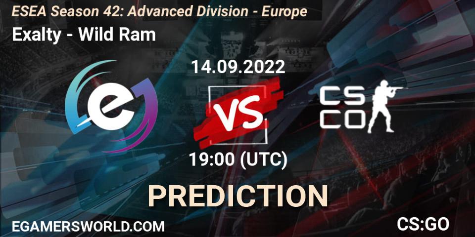 Exalty vs Wild Ram: Betting TIp, Match Prediction. 14.09.2022 at 19:00. Counter-Strike (CS2), ESEA Season 42: Advanced Division - Europe
