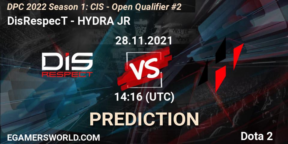 DisRespecT vs HYDRA JR: Betting TIp, Match Prediction. 28.11.2021 at 14:16. Dota 2, DPC 2022 Season 1: CIS - Open Qualifier #2