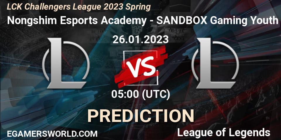 Nongshim Esports Academy vs SANDBOX Gaming Youth: Betting TIp, Match Prediction. 26.01.2023 at 05:00. LoL, LCK Challengers League 2023 Spring