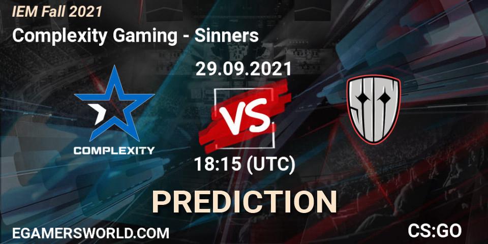 Complexity Gaming vs Sinners: Betting TIp, Match Prediction. 29.09.2021 at 19:00. Counter-Strike (CS2), IEM Fall 2021: Europe RMR