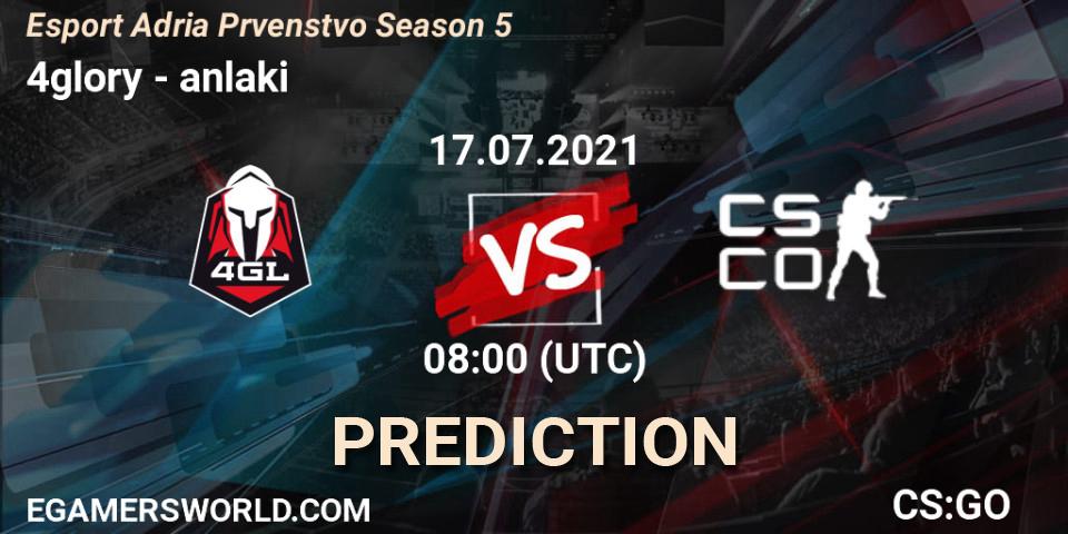4glory vs anlaki: Betting TIp, Match Prediction. 17.07.2021 at 08:00. Counter-Strike (CS2), Esport Adria Prvenstvo Season 5