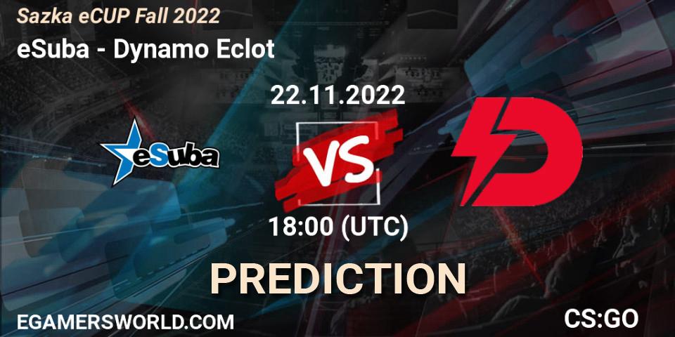 eSuba vs Dynamo Eclot: Betting TIp, Match Prediction. 22.11.2022 at 17:20. Counter-Strike (CS2), Sazka eCUP Winter 2022