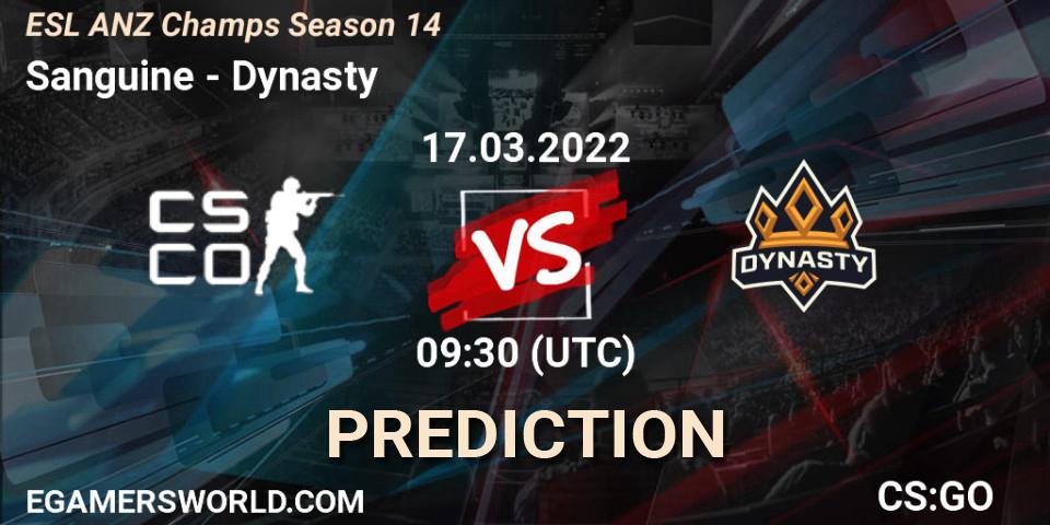 Sanguine vs Dynasty: Betting TIp, Match Prediction. 17.03.2022 at 10:50. Counter-Strike (CS2), ESL ANZ Champs Season 14