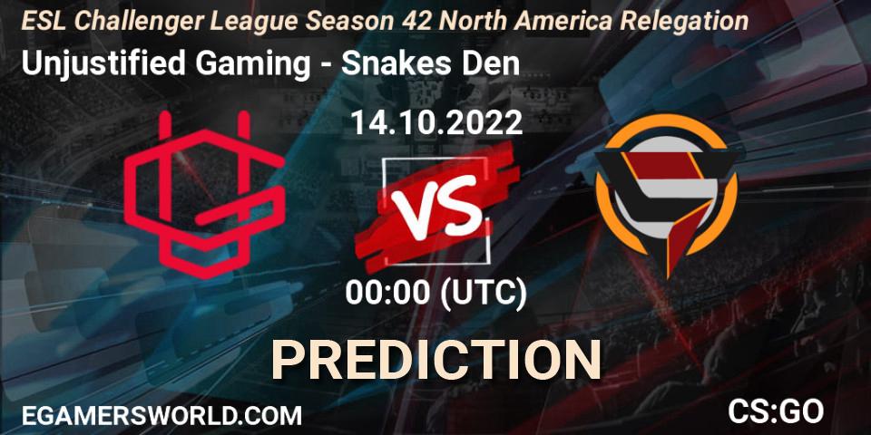 Unjustified Gaming vs Snakes Den: Betting TIp, Match Prediction. 14.10.2022 at 00:00. Counter-Strike (CS2), ESL Challenger League Season 42 North America Relegation