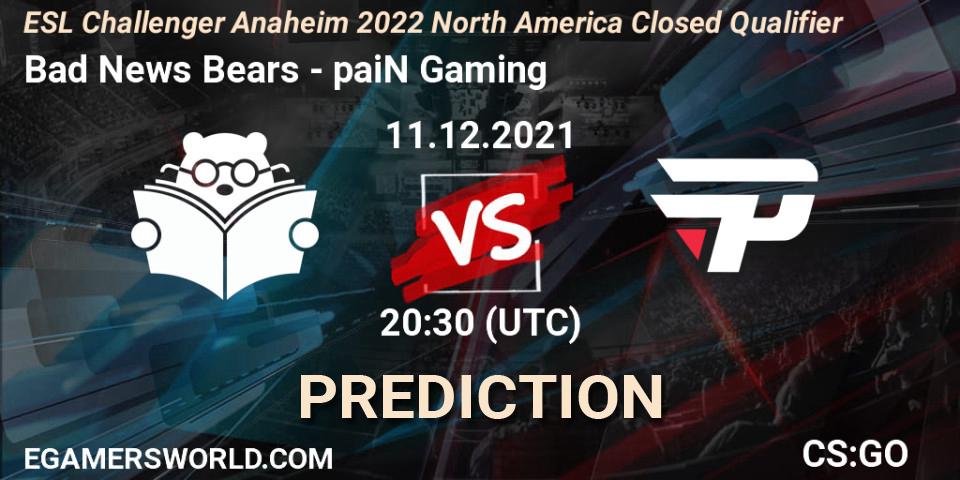 Bad News Bears vs paiN Gaming: Betting TIp, Match Prediction. 11.12.2021 at 20:30. Counter-Strike (CS2), ESL Challenger Anaheim 2022 North America Closed Qualifier