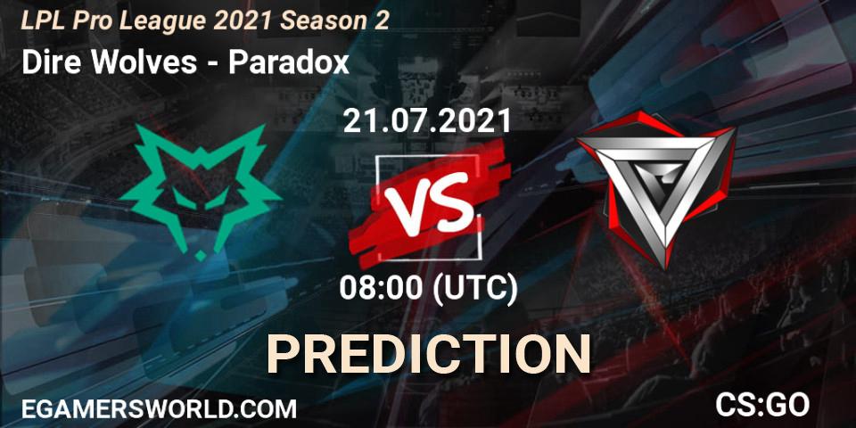 Dire Wolves vs Paradox: Betting TIp, Match Prediction. 21.07.2021 at 08:00. Counter-Strike (CS2), LPL Pro League 2021 Season 2