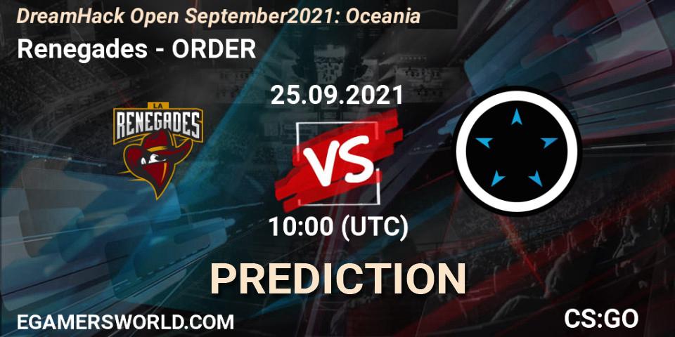 Renegades vs ORDER: Betting TIp, Match Prediction. 25.09.2021 at 10:00. Counter-Strike (CS2), DreamHack Open September 2021: Oceania