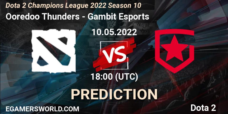 Ooredoo Thunders vs Gambit Esports: Betting TIp, Match Prediction. 10.05.2022 at 18:00. Dota 2, Dota 2 Champions League 2022 Season 10 