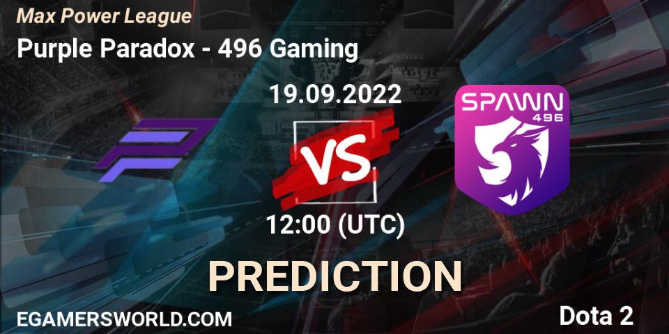 Purple Paradox vs 496 Gaming: Betting TIp, Match Prediction. 19.09.2022 at 13:07. Dota 2, Max Power League