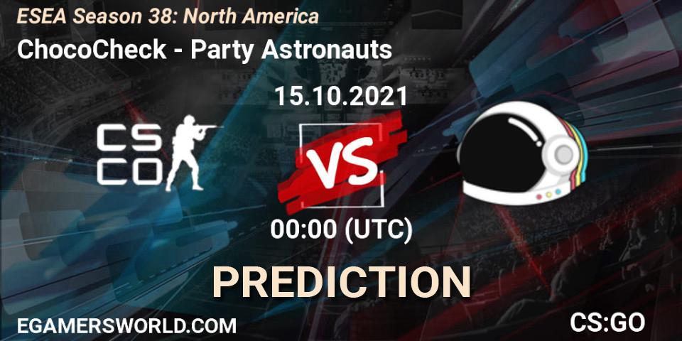 ChocoCheck vs Party Astronauts: Betting TIp, Match Prediction. 15.10.2021 at 00:00. Counter-Strike (CS2), ESEA Season 38: North America 