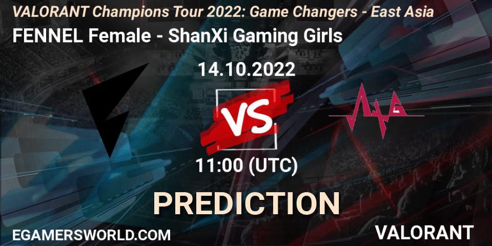 FENNEL Female vs ShanXi Gaming Girls: Betting TIp, Match Prediction. 14.10.2022 at 12:30. VALORANT, VCT 2022: Game Changers - East Asia