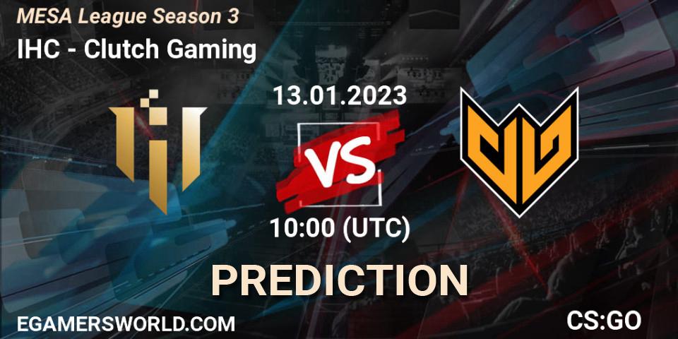 IHC vs Clutch Gaming: Betting TIp, Match Prediction. 18.01.2023 at 03:00. Counter-Strike (CS2), MESA League Season 3