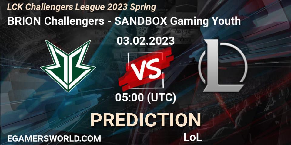 Brion Esports Challengers vs SANDBOX Gaming Youth: Betting TIp, Match Prediction. 03.02.2023 at 05:00. LoL, LCK Challengers League 2023 Spring