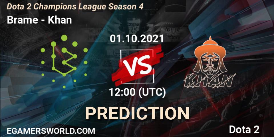 Brame vs Khan: Betting TIp, Match Prediction. 01.10.2021 at 12:52. Dota 2, Dota 2 Champions League Season 4
