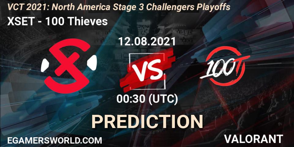 XSET vs 100 Thieves: Betting TIp, Match Prediction. 12.08.2021 at 00:30. VALORANT, VCT 2021: North America Stage 3 Challengers Playoffs
