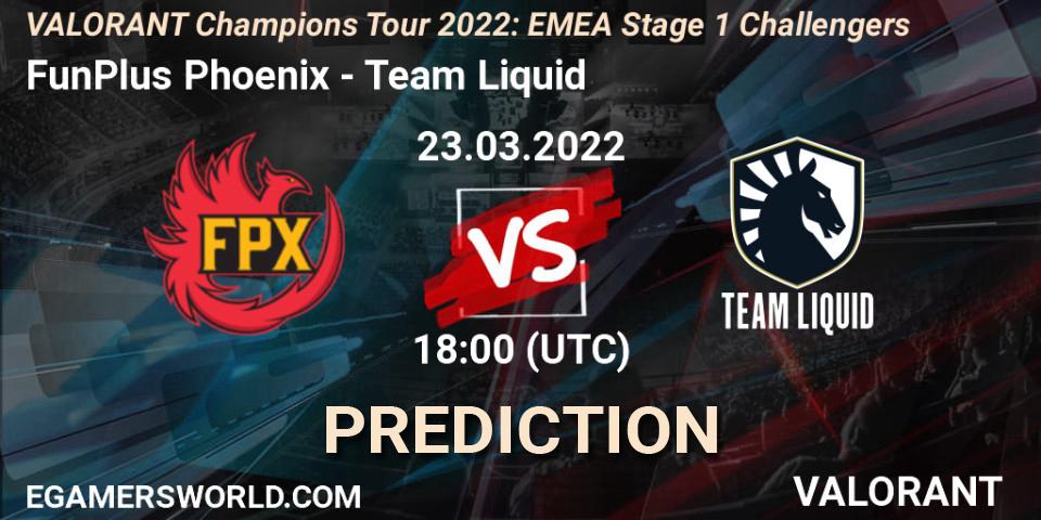 FunPlus Phoenix vs Team Liquid: Betting TIp, Match Prediction. 23.03.2022 at 19:45. VALORANT, VCT 2022: EMEA Stage 1 Challengers