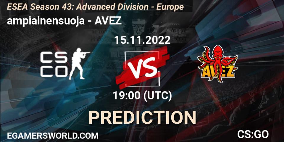 ampiainensuoja vs AVEZ: Betting TIp, Match Prediction. 15.11.2022 at 19:00. Counter-Strike (CS2), ESEA Season 43: Advanced Division - Europe