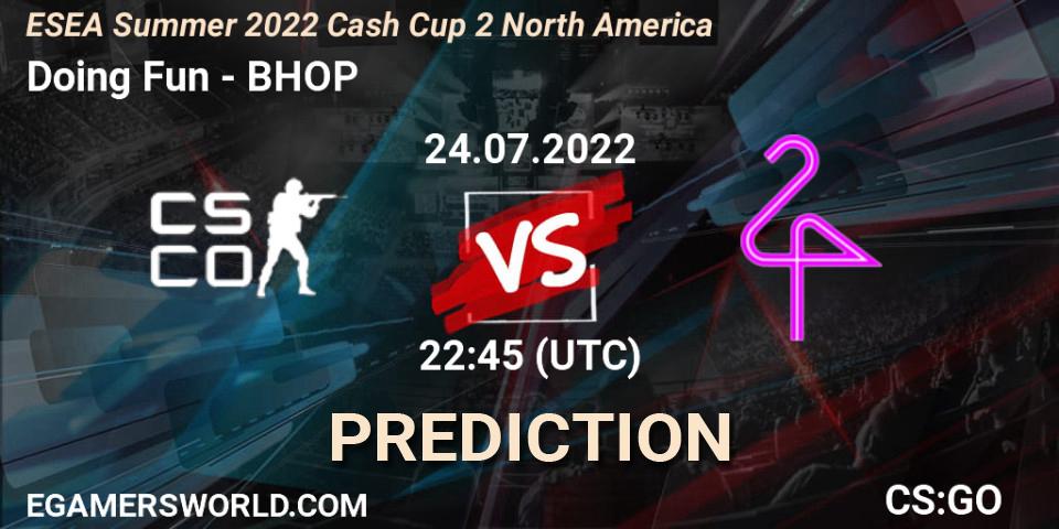 Doing Fun vs BHOP: Betting TIp, Match Prediction. 24.07.2022 at 22:45. Counter-Strike (CS2), ESEA Summer 2022 Cash Cup 2 North America