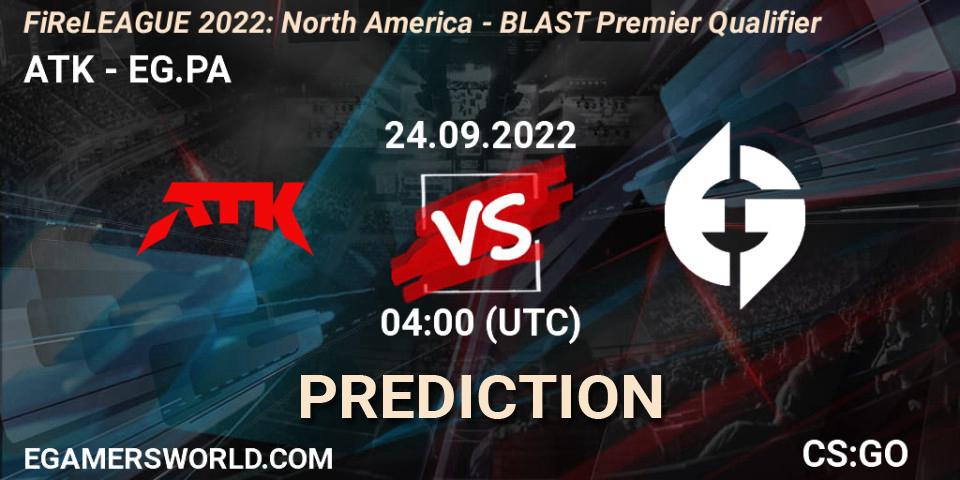ATK vs EG.PA: Betting TIp, Match Prediction. 24.09.2022 at 04:00. Counter-Strike (CS2), FiReLEAGUE 2022: North America - BLAST Premier Qualifier