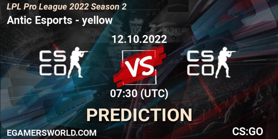 Antic Esports vs yellow: Betting TIp, Match Prediction. 12.10.2022 at 07:40. Counter-Strike (CS2), LPL Pro League 2022 Season 2