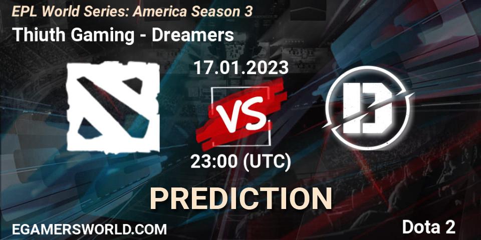 Thiuth Gaming vs Dreamers: Betting TIp, Match Prediction. 17.01.2023 at 23:34. Dota 2, EPL World Series: America Season 3
