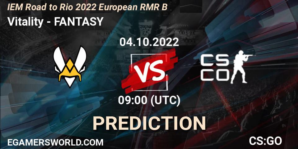 Vitality vs FANTASY: Betting TIp, Match Prediction. 04.10.2022 at 15:20. Counter-Strike (CS2), IEM Road to Rio 2022 European RMR B