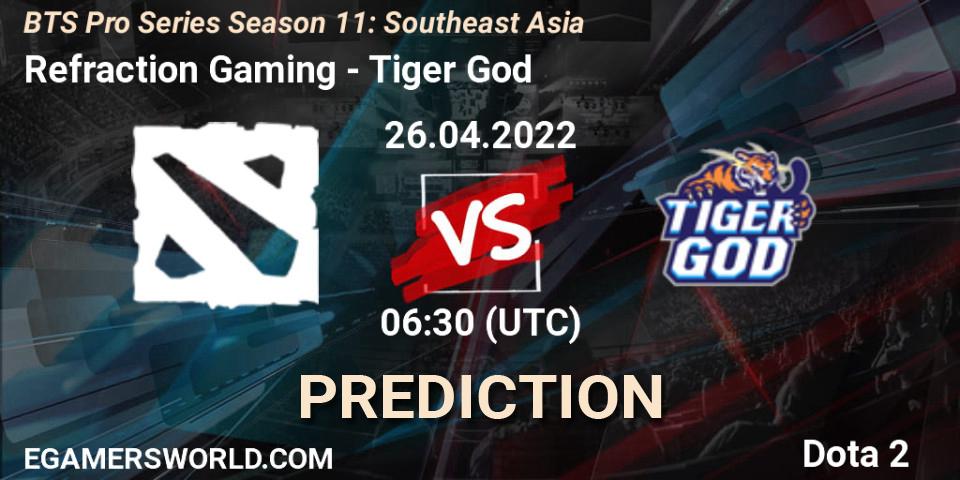 Refraction Gaming vs Tiger God: Betting TIp, Match Prediction. 26.04.2022 at 06:30. Dota 2, BTS Pro Series Season 11: Southeast Asia