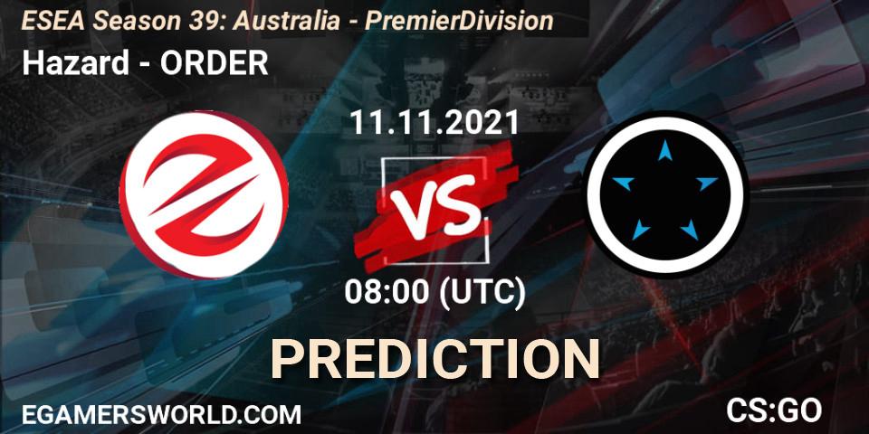 Hazard vs ORDER: Betting TIp, Match Prediction. 11.11.2021 at 08:00. Counter-Strike (CS2), ESEA Season 39: Australia - Premier Division