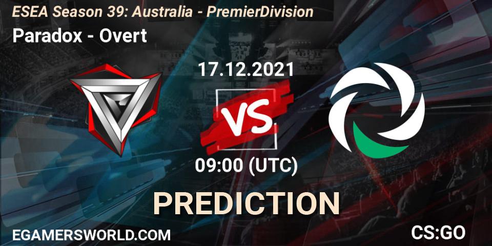 Paradox vs Overt: Betting TIp, Match Prediction. 17.12.2021 at 09:00. Counter-Strike (CS2), ESEA Season 39: Australia - Premier Division