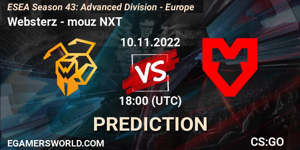 Websterz vs mouz NXT: Betting TIp, Match Prediction. 10.11.2022 at 18:00. Counter-Strike (CS2), ESEA Season 43: Advanced Division - Europe