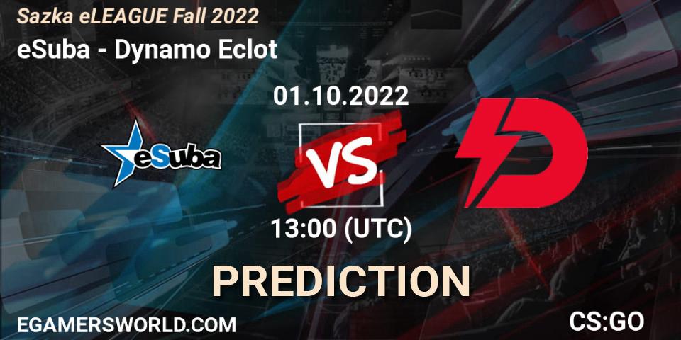eSuba vs Dynamo Eclot: Betting TIp, Match Prediction. 01.10.2022 at 12:05. Counter-Strike (CS2), Sazka eLEAGUE Fall 2022