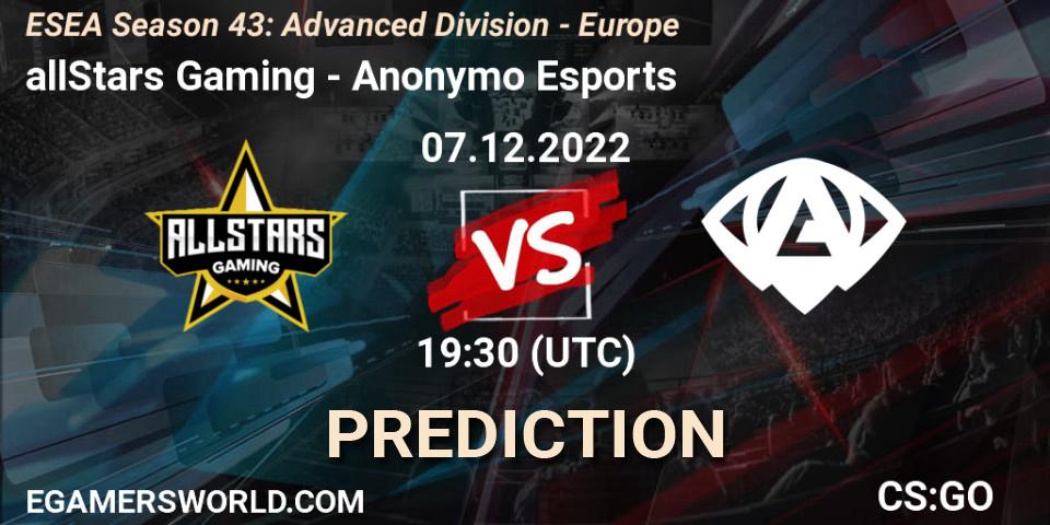 allStars Gaming vs Anonymo Esports: Betting TIp, Match Prediction. 07.12.22. CS2 (CS:GO), ESEA Season 43: Advanced Division - Europe