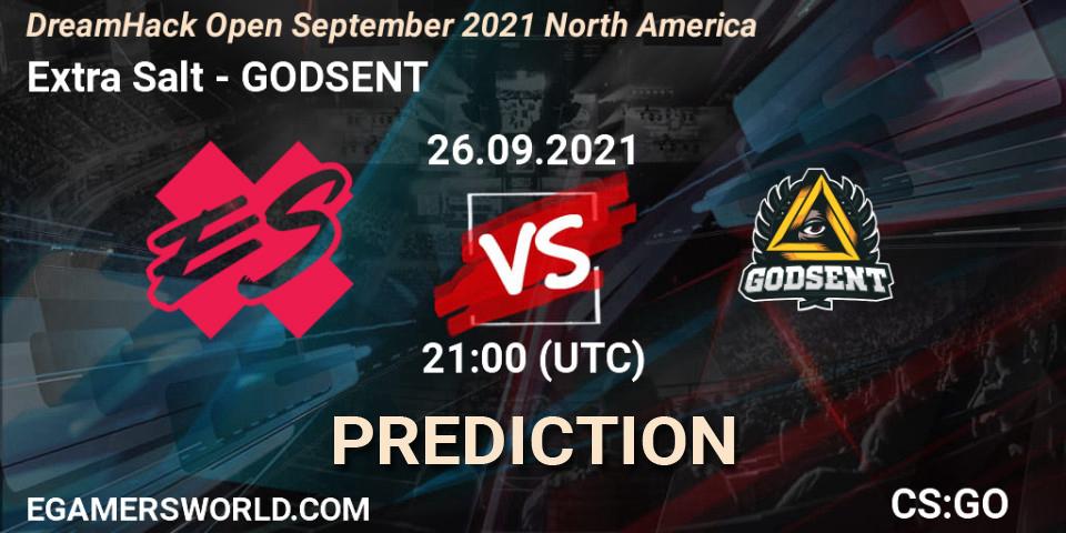 Extra Salt vs GODSENT: Betting TIp, Match Prediction. 26.09.2021 at 21:25. Counter-Strike (CS2), DreamHack Open September 2021 North America