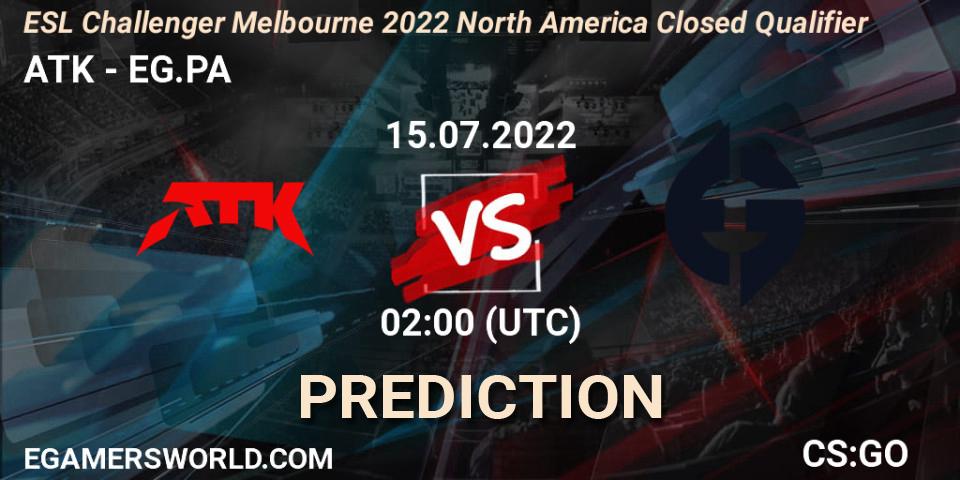 ATK vs EG.PA: Betting TIp, Match Prediction. 15.07.2022 at 02:00. Counter-Strike (CS2), ESL Challenger Melbourne 2022 North America Closed Qualifier