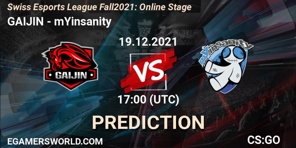 GAIJIN vs mYinsanity: Betting TIp, Match Prediction. 19.12.2021 at 17:00. Counter-Strike (CS2), Swiss Esports League Fall 2021: Online Stage