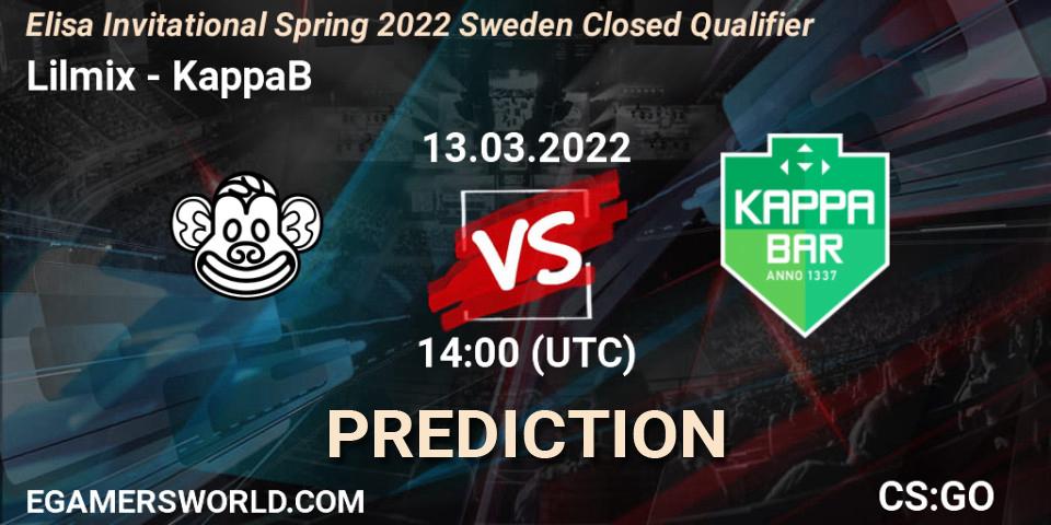 Lilmix vs KappaB: Betting TIp, Match Prediction. 13.03.2022 at 14:00. Counter-Strike (CS2), Elisa Invitational Spring 2022 Sweden Closed Qualifier