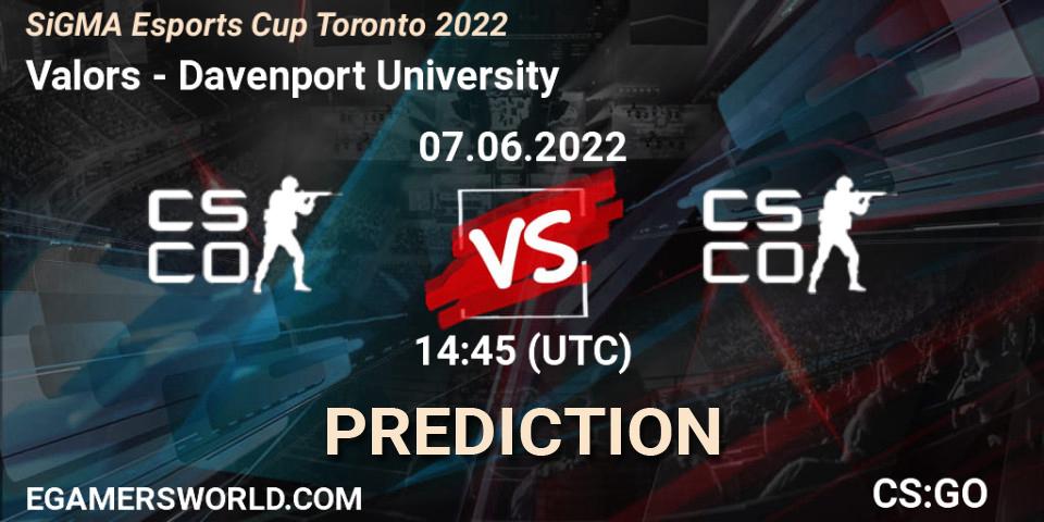 Valors vs Davenport University: Betting TIp, Match Prediction. 07.06.2022 at 14:55. Counter-Strike (CS2), SiGMA Esports Cup Toronto 2022