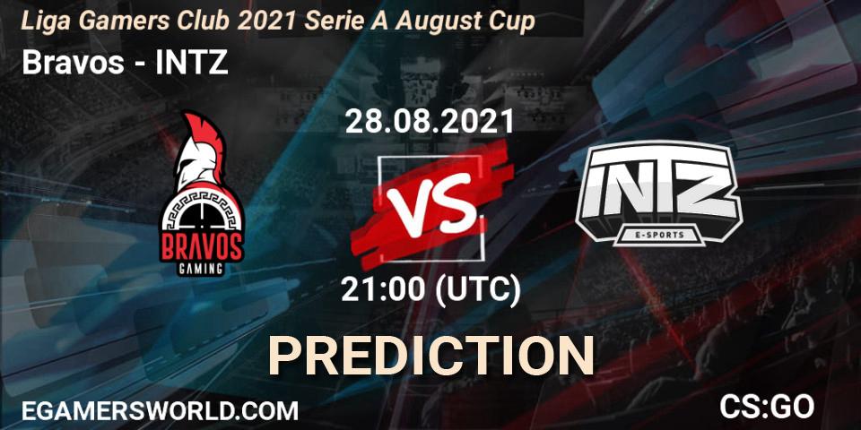 Bravos vs INTZ: Betting TIp, Match Prediction. 29.08.2021 at 00:25. Counter-Strike (CS2), Liga Gamers Club 2021 Serie A August Cup