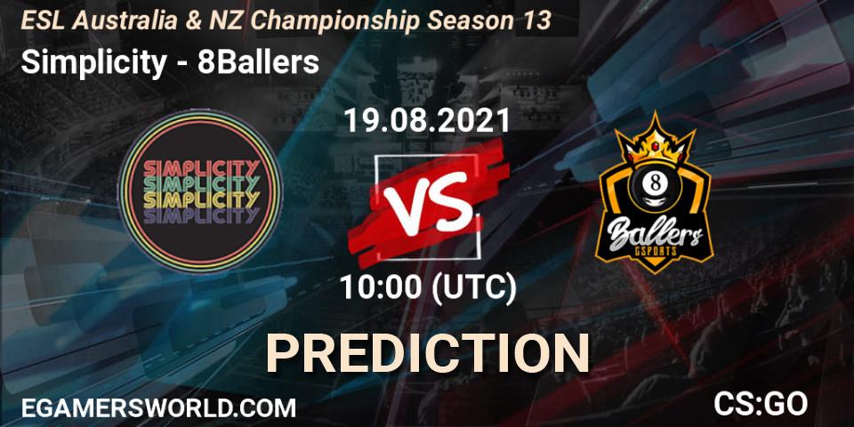 Simplicity vs 8Ballers: Betting TIp, Match Prediction. 19.08.2021 at 10:40. Counter-Strike (CS2), ESL Australia & NZ Championship Season 13