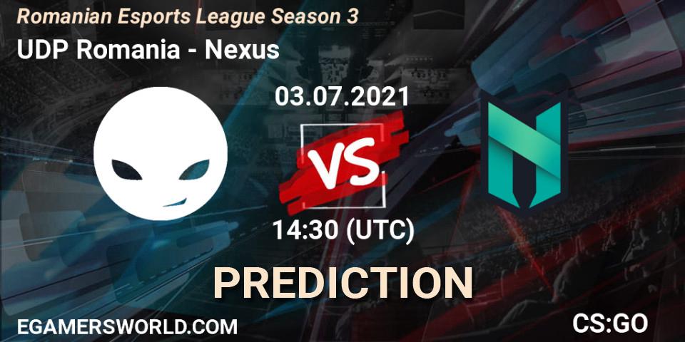 UDP Romania vs Nexus: Betting TIp, Match Prediction. 03.07.2021 at 17:10. Counter-Strike (CS2), Romanian Esports League Season 3