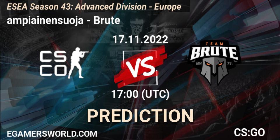 ampiainensuoja vs Brute: Betting TIp, Match Prediction. 17.11.22. CS2 (CS:GO), ESEA Season 43: Advanced Division - Europe